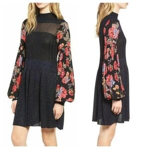 Free People Black Metallic Floral Knit Dress Sz S Ballon Sleeve Cottagecore Fall